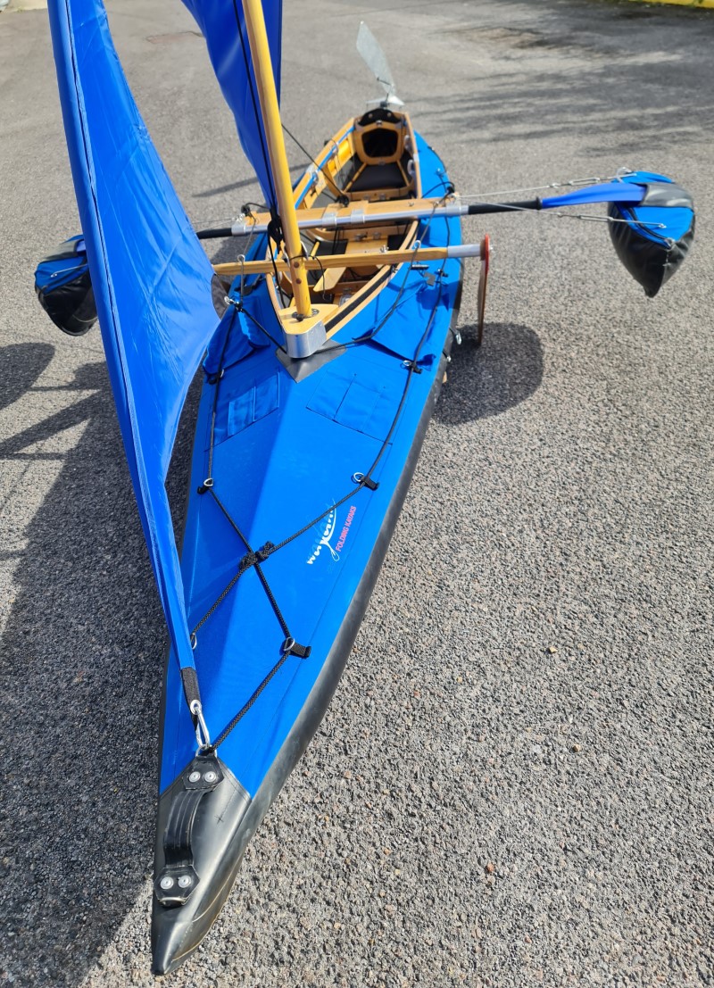 Wayland Amazon 520 Extended EXP sailing kayak - view of Lee boards and amas